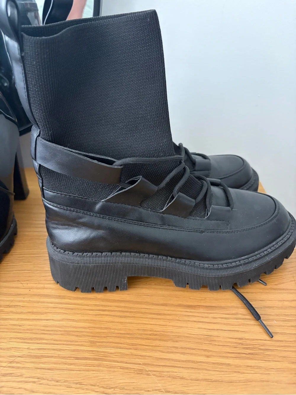 Black Lug Sole Combat Boot with Knit Shaft